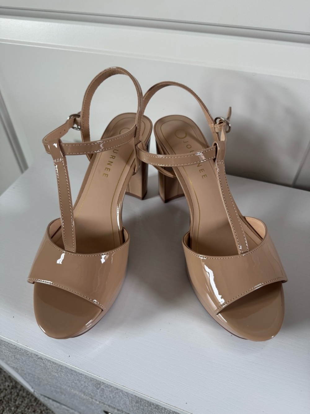 Journee Collection Patent T-Strap Block Heel Sandals in Nude